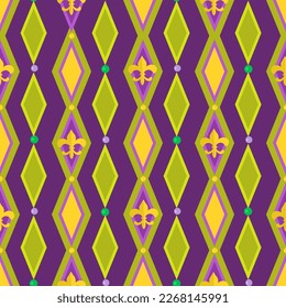 Mardi Gras green purple rhombus and beads seamless background. Masquerade holiday party pattern