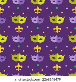 Mardi Gras green purple teatre masks and beads seamless background. Masquerade holiday party pattern
