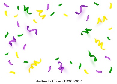 Mardi Gras greeting background with Bright Colorful serpentine isolated on white. Space for text. Falling particles for Carnival, Mardi Gras, Holiday decoration.