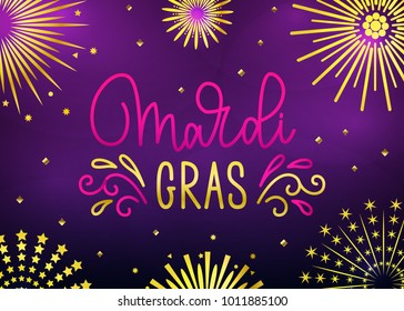 Mardi Gras greeting banner with a hand drawn lettering and golden fireworks on the ultra violet background. Vector illustration EPS 10 file