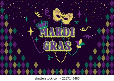 Mardi Gras greeting banner. Traditional carnival mask, beads, royal crown, confetti for holiday. Template for celebration costume party, masquerade ball. Vector illustration for invitation, flyer