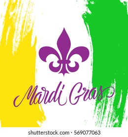 Mardi Gras Grußkarte mit Fleur De Lis Schild und kalligrafischem Textdesign. Pinselstrich, Hintergrund.  Vektorgrafik.