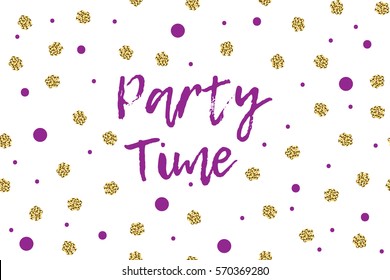 Mardi gras greeting card with text, violet and gold dots. Inscription - Party Time