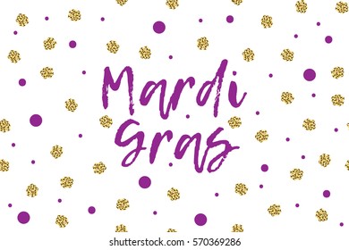 Mardi gras greeting card with text, violet and gold dots. Inscription - Mardi Gras