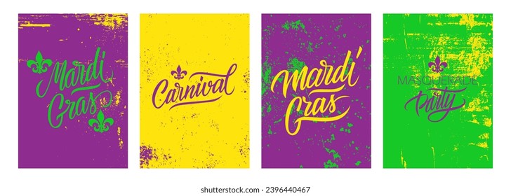 Mardi Gras greeting cards set. Fat Tuesday holiday lettering greetings with grunge textures and Fleur De Lis sign. Vector Illustration.