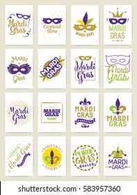 Mardi Gras greeting cards set. Vector typography, logo with text. Usable as banners, flyers and posters. Fat tuesday, carnival. Isolated elements.