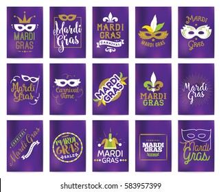 Mardi Gras greeting cards set. Vector typography, logo with text. Usable as banners, flyers and posters. Fat tuesday, carnival. Isolated elements.