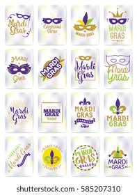 Mardi Gras greeting cards set. Vector typography, logo with text. Usable as banners, flyers and posters. Fat tuesday, carnival. Isolated elements.