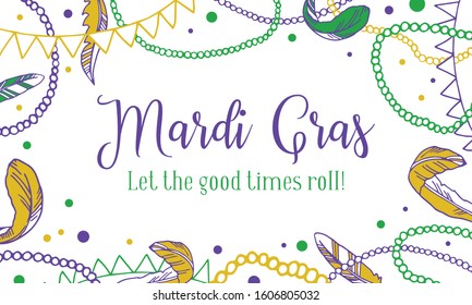 Mardi Gras greeting design template. Rectangular frame with beads and feathers. Vector hand drawn sketch illustration