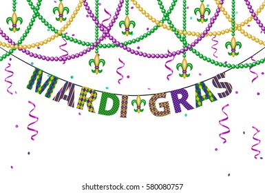 Mardi gras greetings with beads and confetti isolated on white