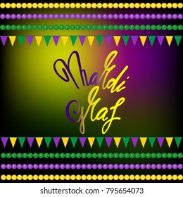Mardi gras greetings with beads, flags and confetti on a purple background