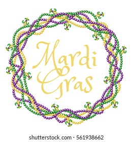 Mardi gras greetings in beads frame isolated on white