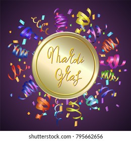 Mardi gras greetings with  Bright Colorful scattered confetti on a purple background