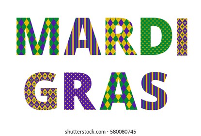 Mardi gras greetings with traditional pattern letters isolated on white