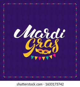 Mardi gras hand drawn lettering and golden fat tuesday mask. Vector greeting card