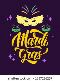 Mardi gras  hand drawn lettering . Fat tuesday, carnival, festival. Vector illustration. Design for  carnival party , greeting card, banner, gift packaging, poster
