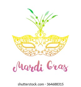 Mardi Gras hand lettering calligraphic text. Colorful mask for a masquerade carnival in New Orlean, Shrove Tuesday.