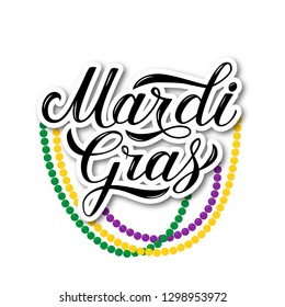 Mardi Gras hand lettering with colorful beads isolated on white. Fat or Shrove Tuesday sign. Traditional carnival in New Orlean. Vector element of design for banner, flyer, party invitation, etc.