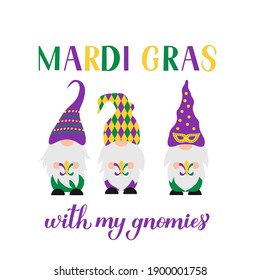 Mardi Gras hand lettering with cute Nordic gnomes. Fat Tuesday traditional carnival in New Orleans. Vector template for banner, flyer, poster, t shirt, sticker, etc.