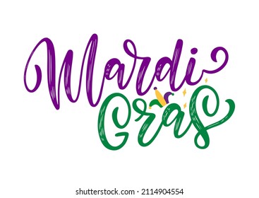 Tipografía hecha a mano por Mardi Gras en colores verde y violeta decorada con un sombrero divertido. Logo tradicional del festival Mardi Gras