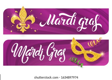 Mardi Gras handwritten lettering banners. Two greeting cards with hand drawn logos and Fat Tuesday symbols. Vector carnival brochures.