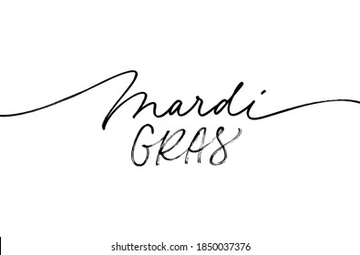 Mardi Gras handwritten lettering for carnival with swooshes. Modern line calligraphy, cursive script. Vector logo with black hand drawn lettering. For greeting card, banner, gift packaging, poster