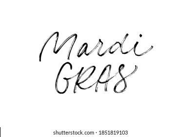 Mardi Gras handwritten lettering for carnival. Modern line calligraphy, cursive script. Vector logo with black hand drawn lettering isolated in white. For greeting card, banner, gift packaging, poster