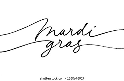 Mardi Gras handwritten lettering for carnival with swooshes. Modern line calligraphy, cursive script. Vector logo with black hand drawn lettering. For greeting card, banner, gift packaging, poster