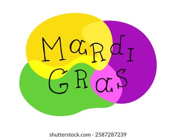 Mardi Gras handwritten words isolated on white background. Hand drawn Calligraphy lettering style. Fat tuesday typography. Yellow purple green sticker for banner poster social media