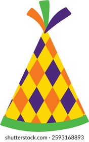 Mardi Gras Harlequin Patterned Party Hat Hand Drawn Vector Illustration