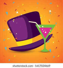 Mardi gras hat and cocktail design, Party carnival decoration celebration festival holiday fun new orleans and traditional theme Vector illustration