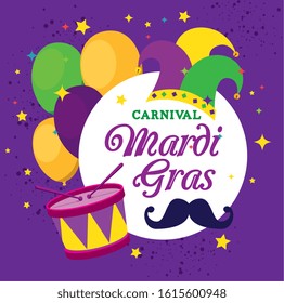 Mardi gras hat drum and balloons design, Party carnival decoration celebration festival holiday fun new orleans and traditional theme Vector illustration