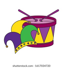 Mardi gras hat and drum design, Party carnival decoration celebration festival holiday fun new orleans and traditional theme Vector illustration