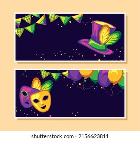 mardi gras hat, mask and balloons banners