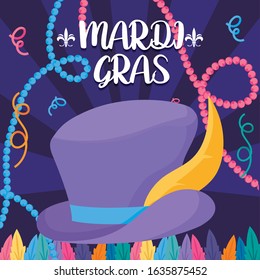 Mardi gras hat with necklaces design, Party carnival decoration celebration festival holiday fun new orleans and traditional theme Vector illustration