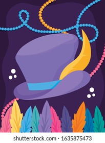 Mardi gras hat with necklaces design, Party carnival decoration celebration festival holiday fun new orleans and traditional theme Vector illustration