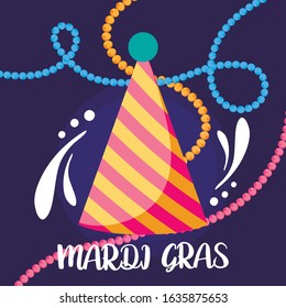 Mardi gras hat with necklaces design, Party carnival decoration celebration festival holiday fun new orleans and traditional theme Vector illustration