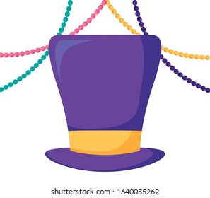 Mardi Gras hat and necklaces design. Party carnival decoration celebration festival holiday fun New Orleans and traditional theme. Vector illustration.