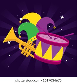 Mardi gras hat trumpet and drum design, Party carnival decoration celebration festival holiday fun new orleans and traditional theme Vector illustration