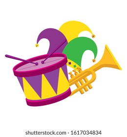 Mardi gras hat trumpet and drum design, Party carnival decoration celebration festival holiday fun new orleans and traditional theme Vector illustration