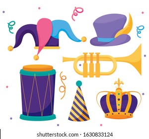 Mardi gras hats crown trumpet and drum design, Party carnival decoration celebration festival holiday fun new orleans and traditional theme Vector illustration