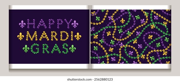 Mardi Gras headline, caption made with beads in traditional colors. Seamless pattern with randomly scattered Fleur de Lis sign, interlaced strings beads.