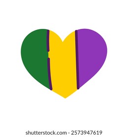 Mardi Gras Heart Shape with purple green yellow colors. Holiday carnival festive symbol with traditional striped flag texture. Vector illustration