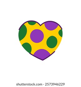 Mardi Gras Heart with traditional colors. Festival symbol with colorful spotted texture. Carnival parade party holiday design element. Vector illustration