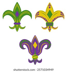 Mardi Gras heraldic lily set, bright holiday symbols for holiday printed design vector illustration