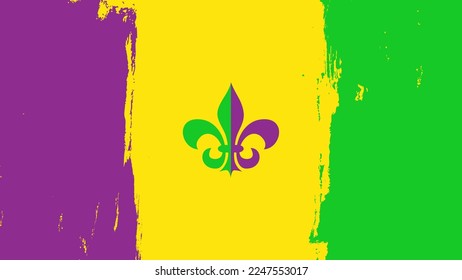 Mardi Gras holiday background with Fleur De Lis sign and brush strokes. Graphic template for Fat Tuesday holiday. Vector illustration.