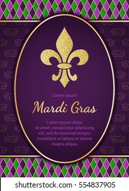 Mardi Gras holiday background. Golden glitter textured Fleur de lis. Vector greeting card or poster designe template EPS10.