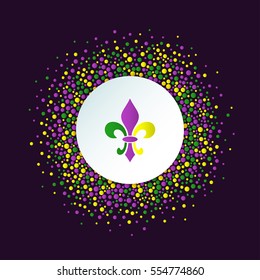 Mardi Gras holiday background. Round dotted frame with colorful fleur de lis. Vector template suitable for greeting cards, invitations, posters, prints. EPS10.