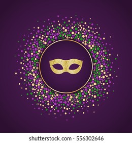 Mardi Gras holiday background. Round dotted frame with golden glitter mask. Vector template suitable for greeting cards, invitations, posters, prints. EPS10.