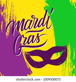 Mardi Gras holiday brush stroke background with calligraphic lettering text design and carnival mask. Fat Tuesday vector illustration.